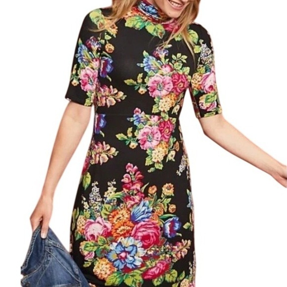 Anthropologie Ett:Twa Coreyell Turtleneck Midi Dress M Black Floral Boho Stretch